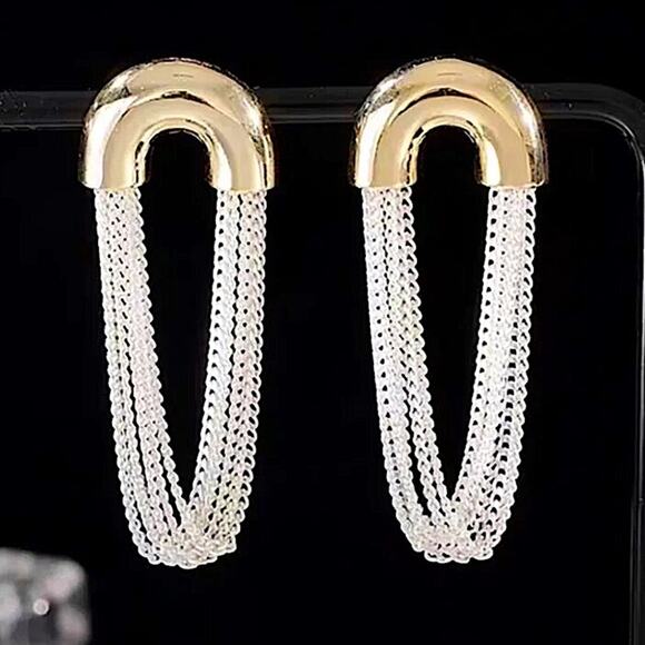 Gold Silver Chain Link Dangle Earrings Punk Retro Minimalist - Picture 3 of 10
